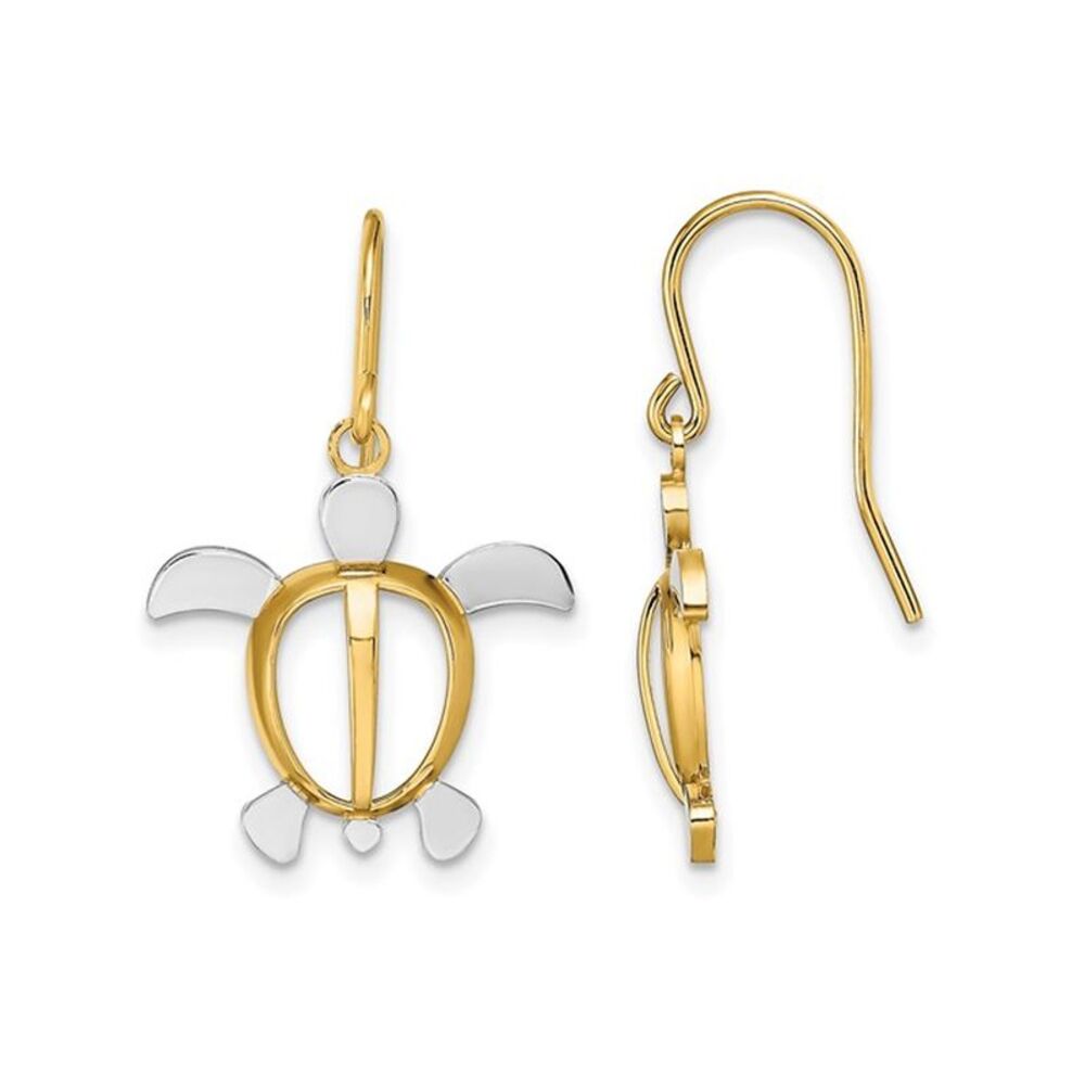 14K Yellow Gold Sea Turtle Dangle Charm Earrings